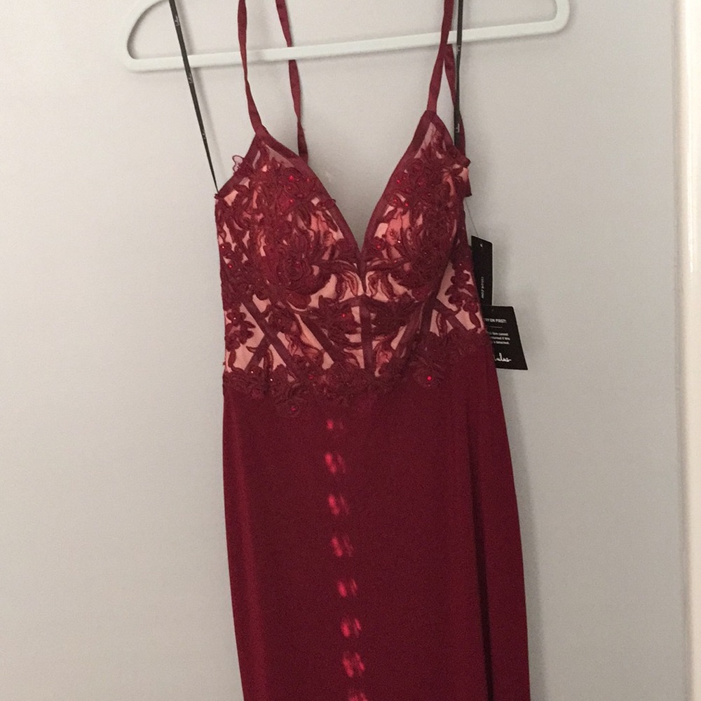 Long burgundy lace bodice dress from Lulus